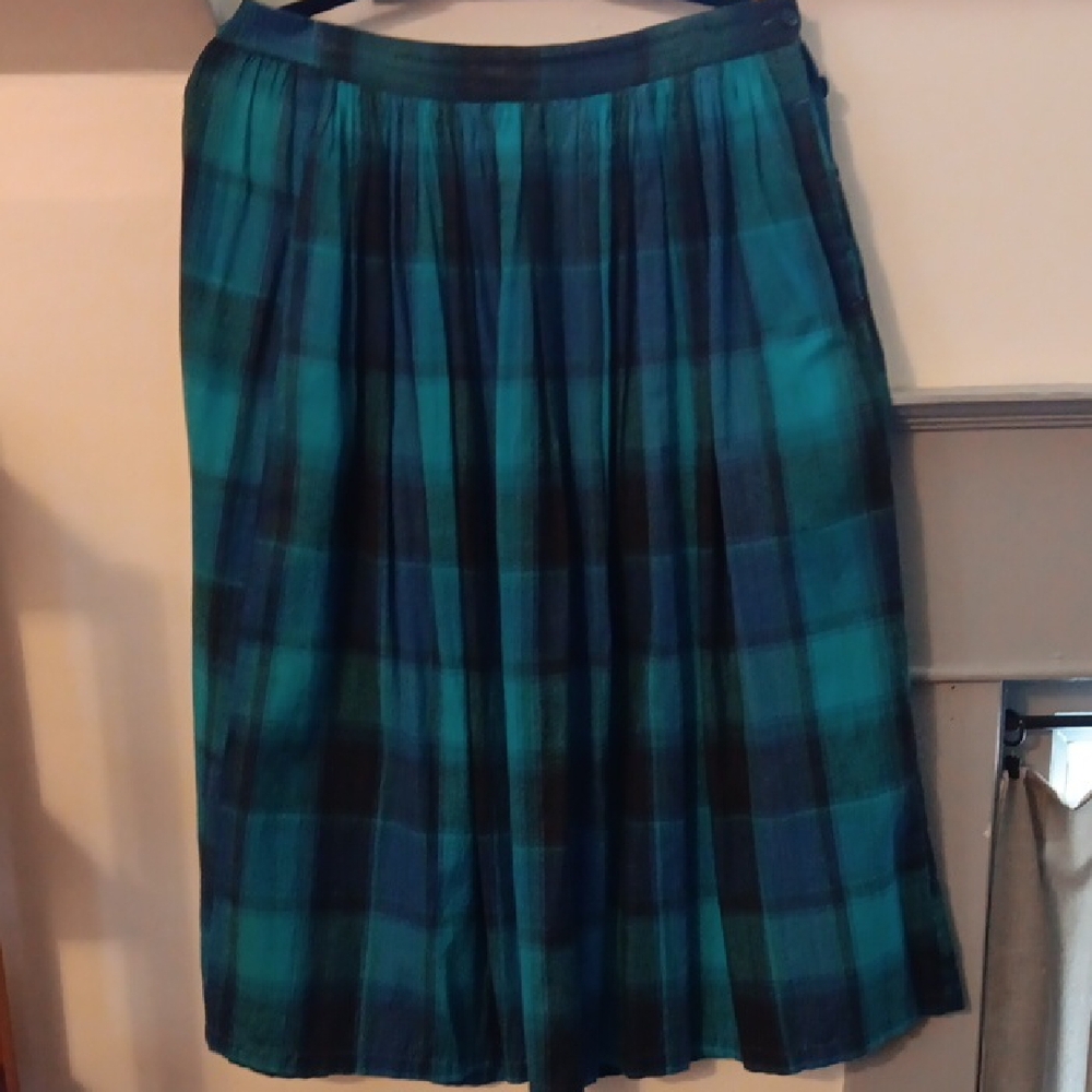 Teal and Navy Blue Plaid Pleated Midi Skirt